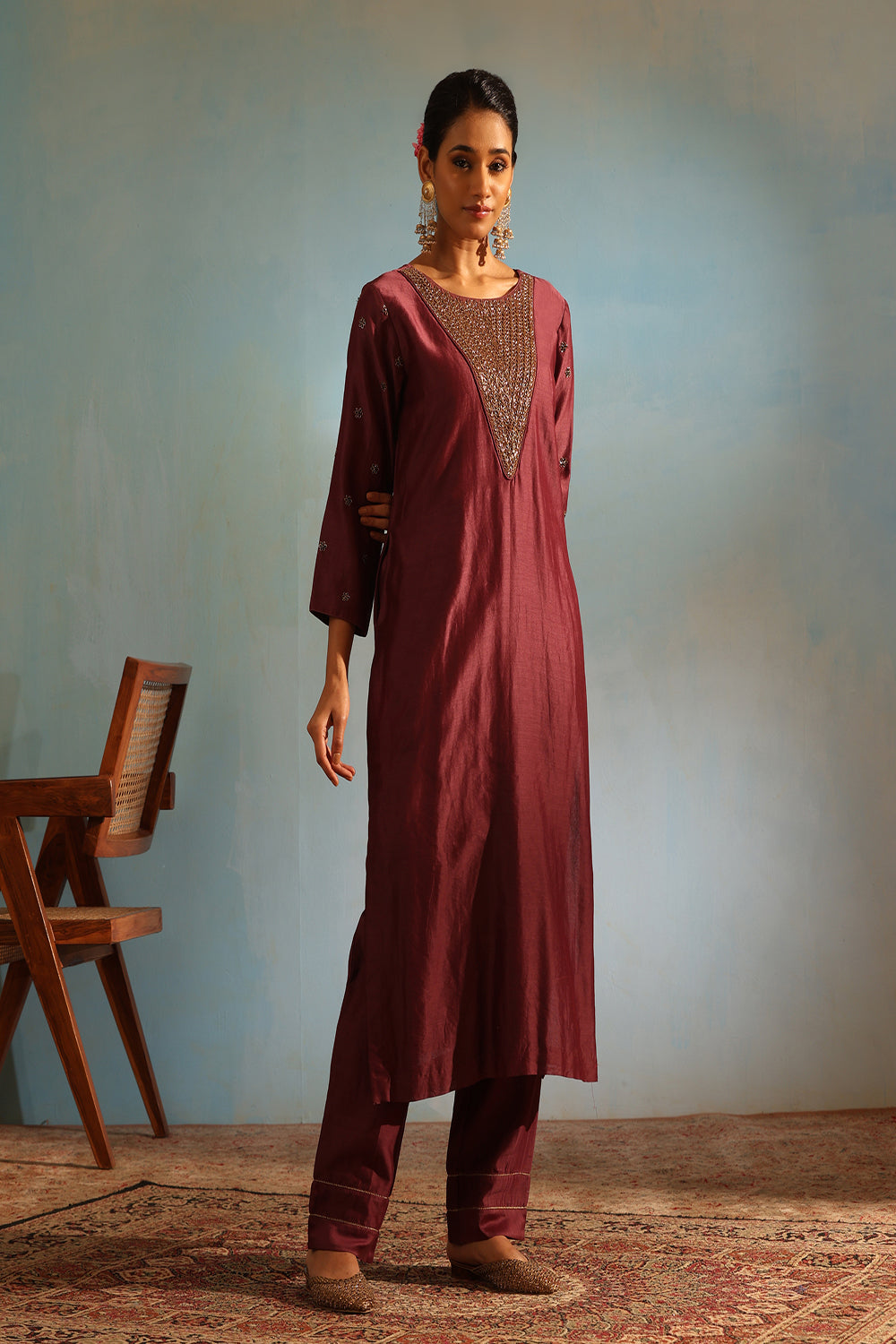 Wine Tonal Chanderi Kurta With Matching Pants