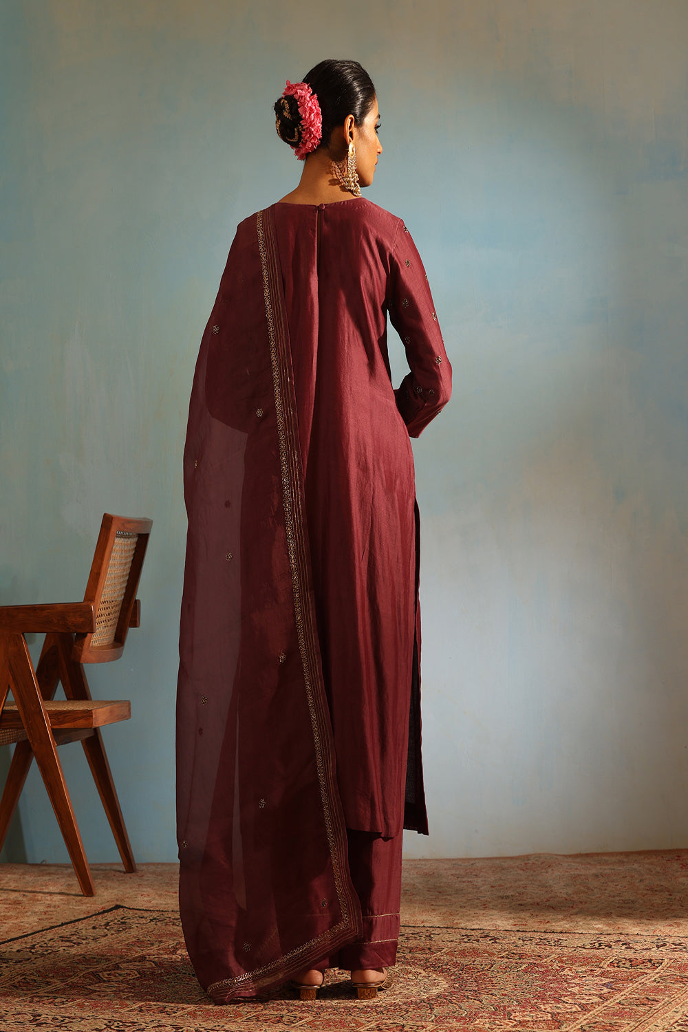 Wine Tonal Chanderi Kurta With Matching Pants