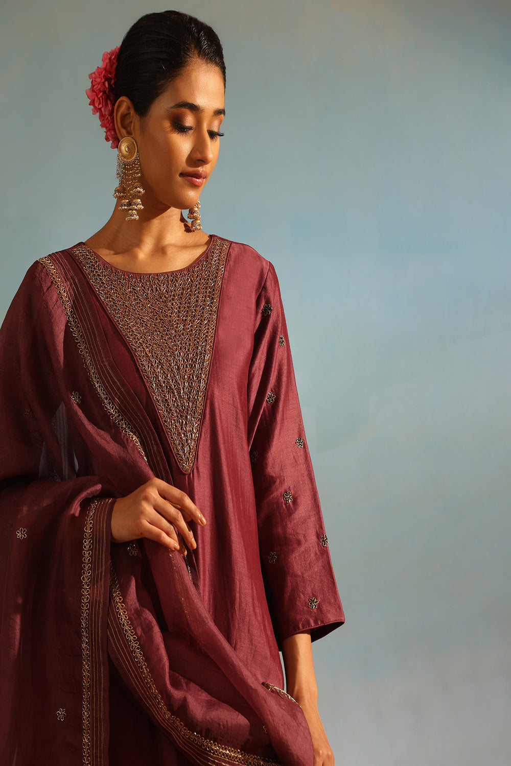 Wine Tonal Chanderi Kurta With Matching Pants