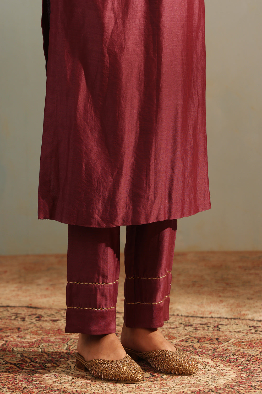 Wine Tonal Chanderi Kurta With Matching Pants