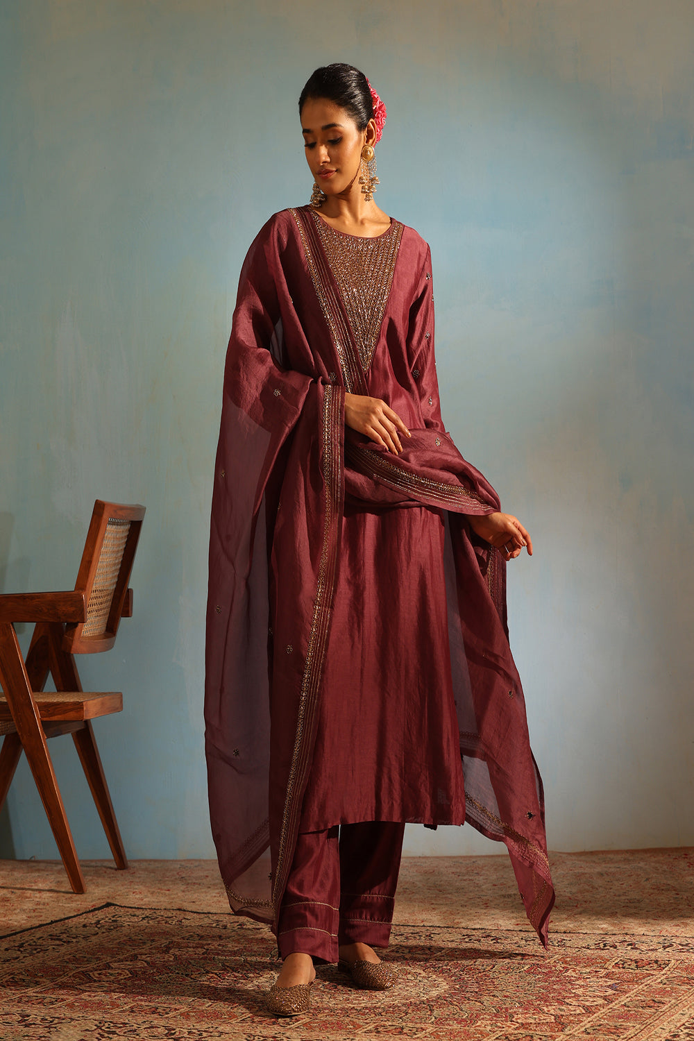 Wine Tonal Chanderi Kurta With Matching Pants And Dupatta