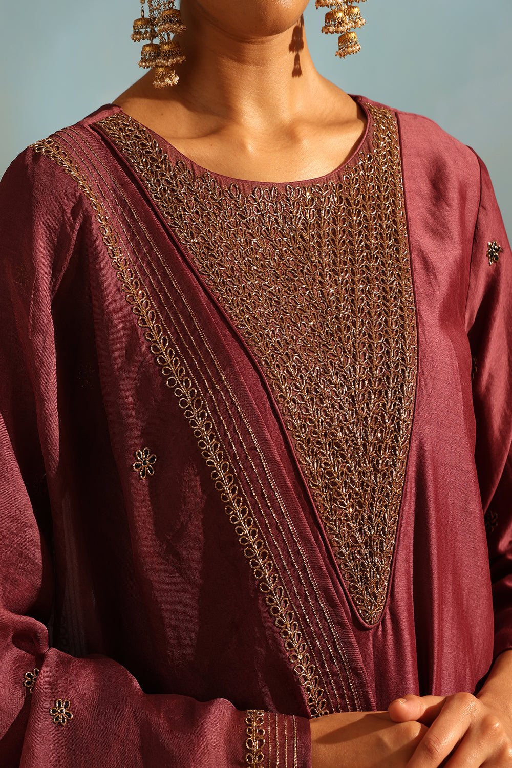 Wine Tonal Chanderi Kurta With Matching Pants And Dupatta