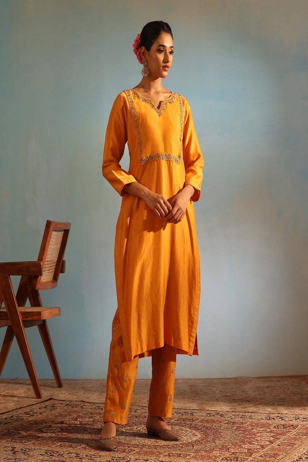 Mustard Tonal Chanderi Kurta With Matching Pants - Auraya Fashion - Weaverstory - #tag1# - #tag2# - #tag3# - #tag3#