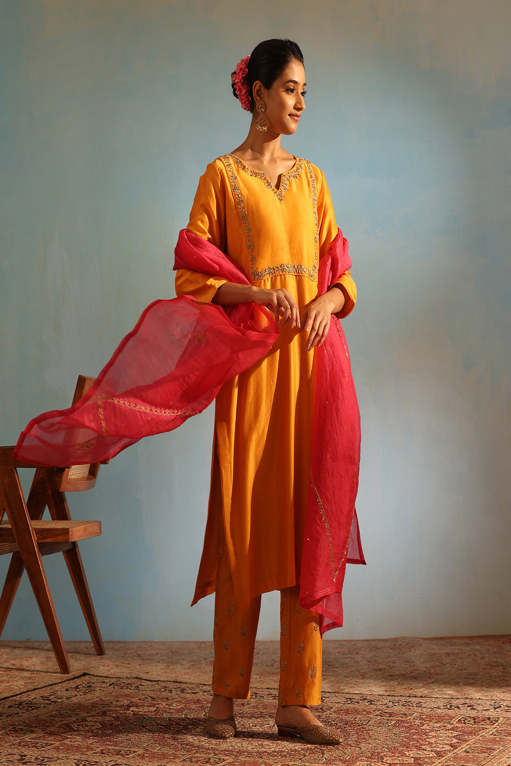 Mustard Tonal Chanderi Kurta With Matching Pants And Pink Dupatta - Auraya Fashion - Weaverstory - #tag1# - #tag2# - #tag3# - #tag3#