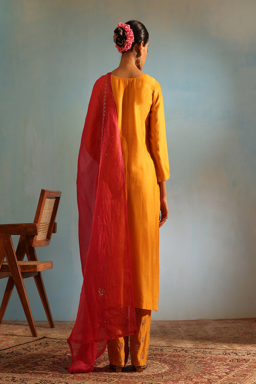 Mustard Tonal Chanderi Kurta With Matching Pants And Pink Dupatta - Auraya Fashion -  - #tag1# - #tag2# - #tag3# - #tag3#