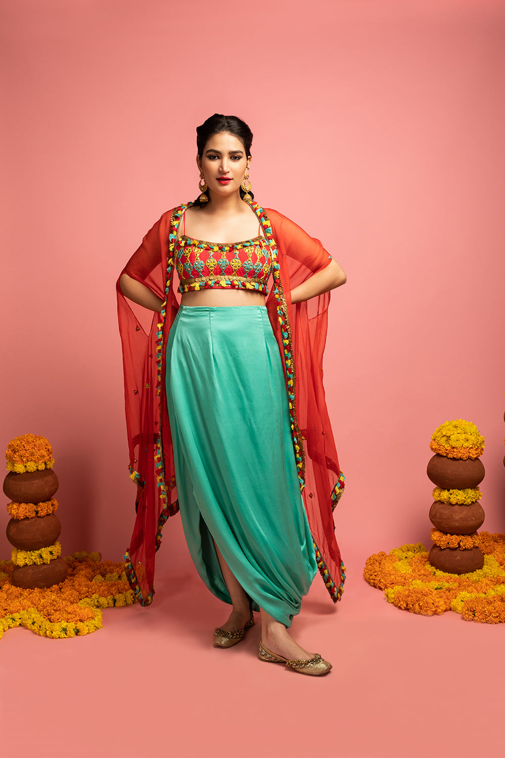 Draped Skirt With Blouse And Cape - Auraya Fashion - Nitara Dhanraj - #tag1# - #tag2# - #tag3# - #tag3#