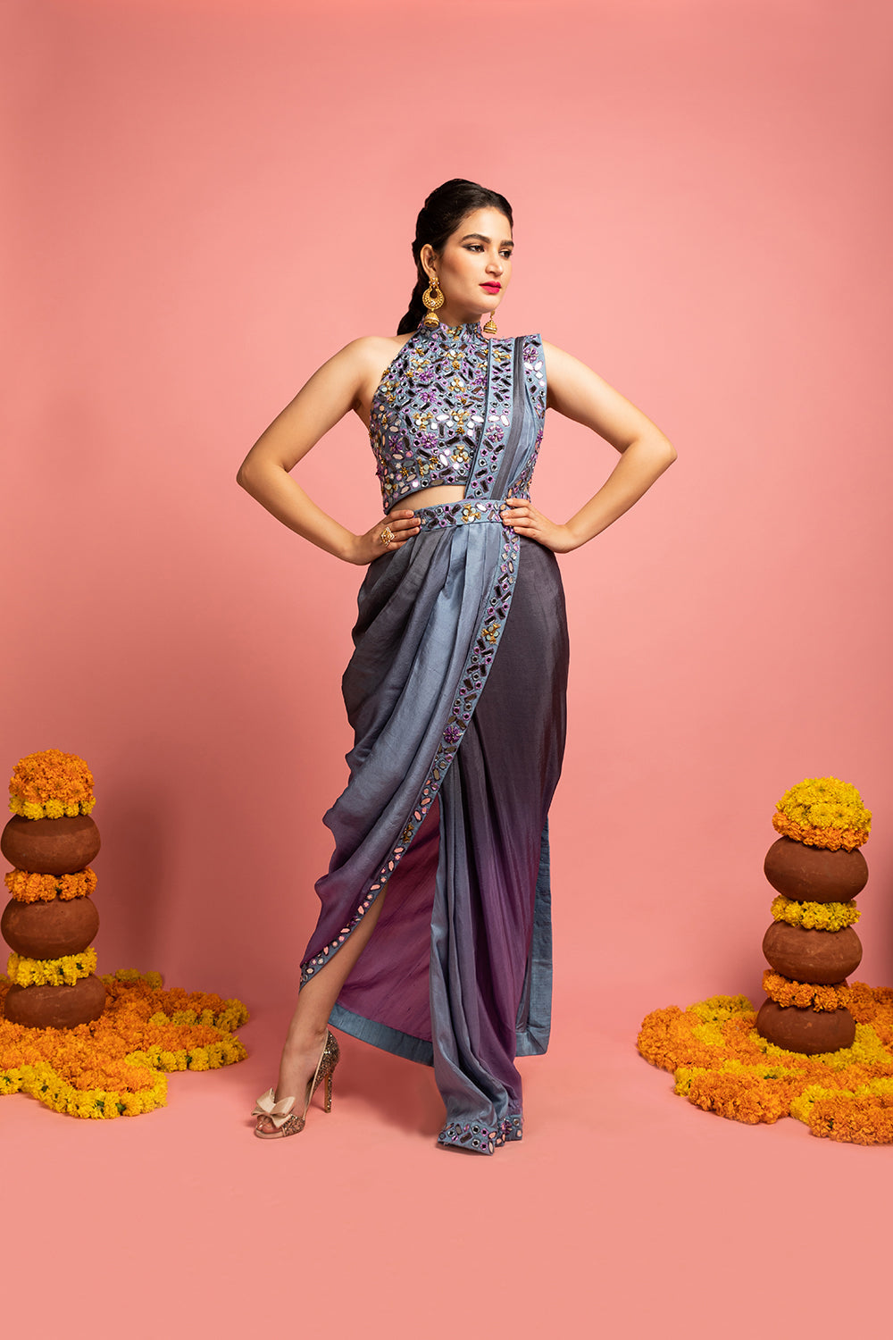 Pleated Saree Drape And Blouse - Auraya Fashion -  - #tag1# - #tag2# - #tag3# - #tag3#