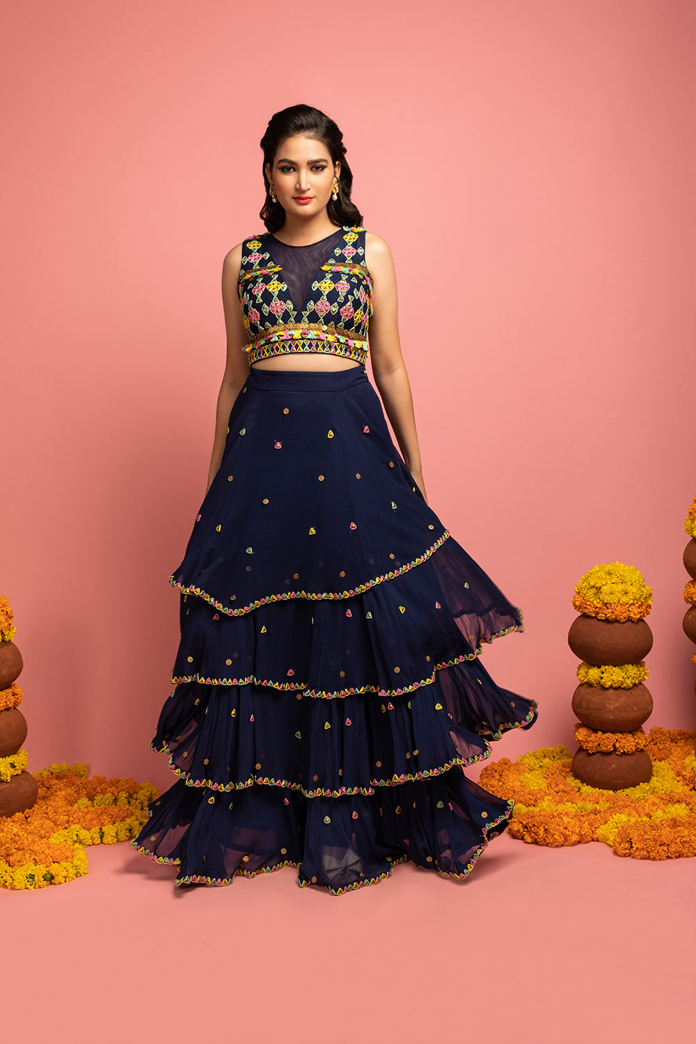 Tiered Ru?e Lehenga With Blouse - Auraya Fashion - Nitara Dhanraj - #tag1# - #tag2# - #tag3# - #tag3#