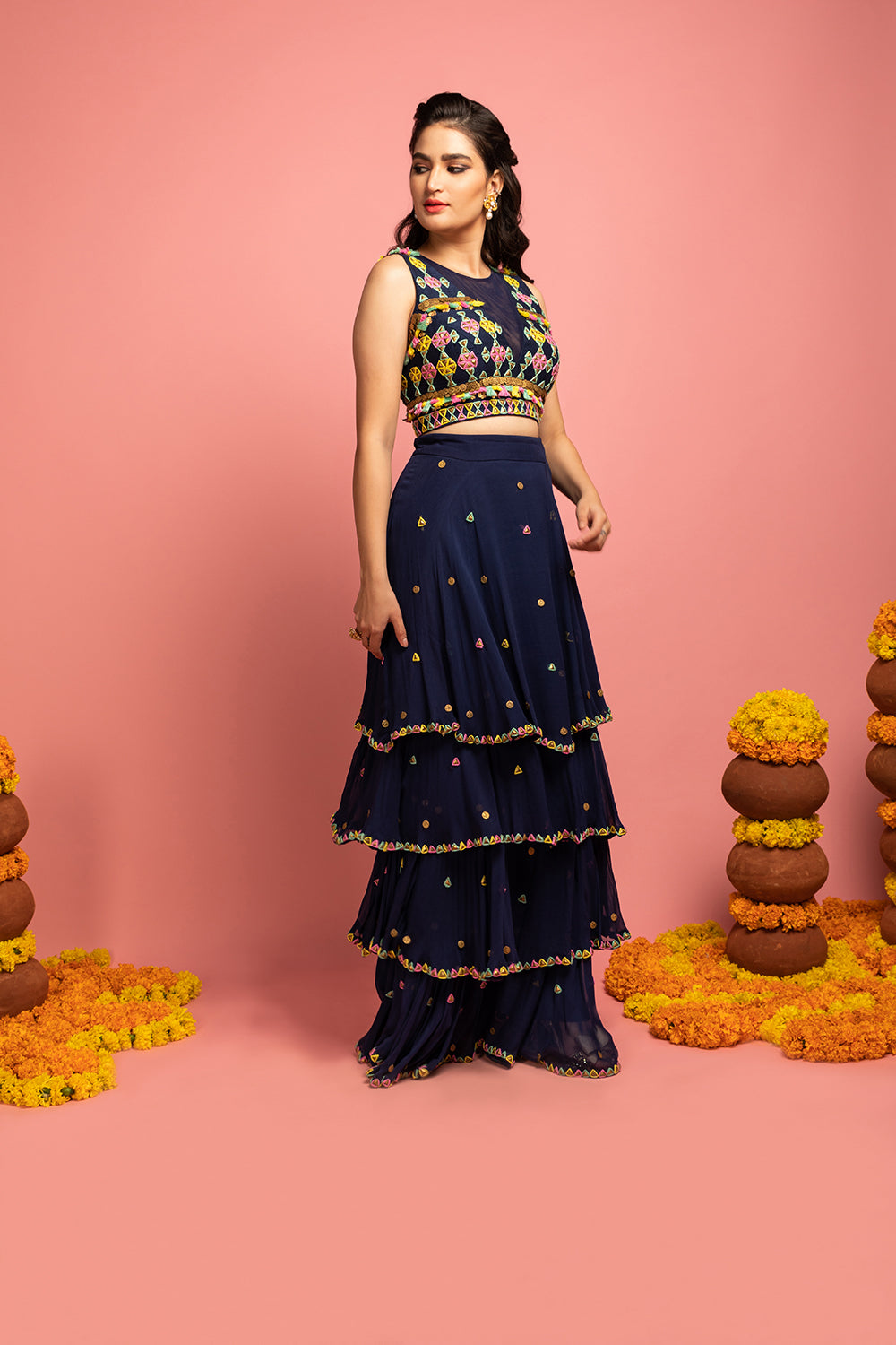 Tiered Ru?e Lehenga With Blouse - Auraya Fashion -  - #tag1# - #tag2# - #tag3# - #tag3#