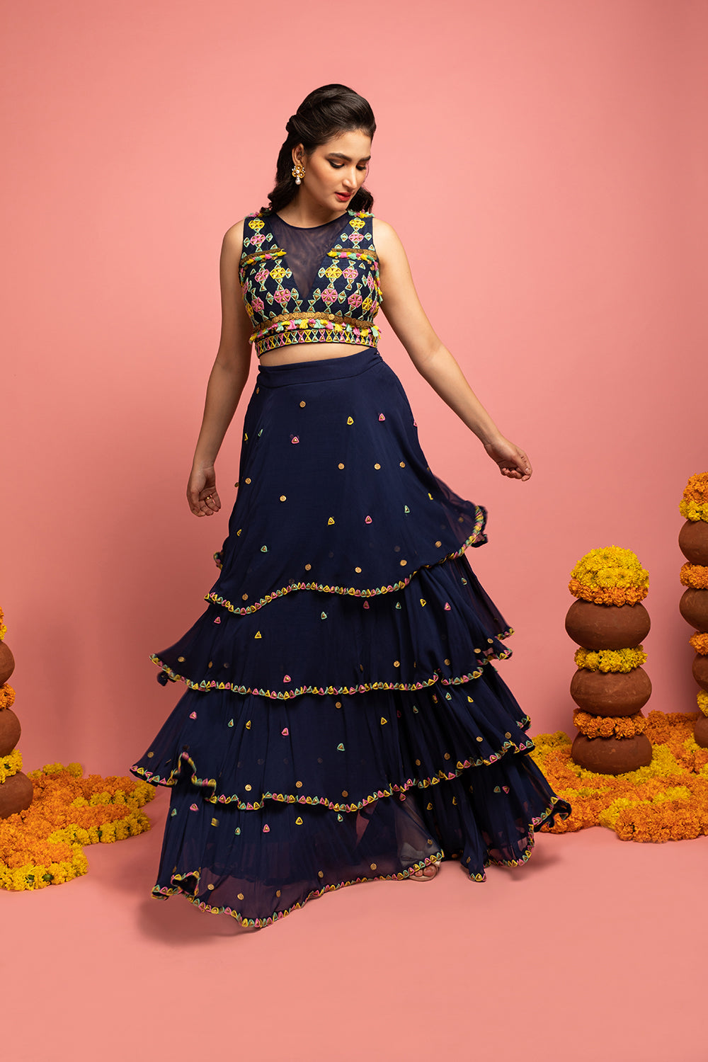 Tiered Ru?e Lehenga With Blouse - Auraya Fashion -  - #tag1# - #tag2# - #tag3# - #tag3#