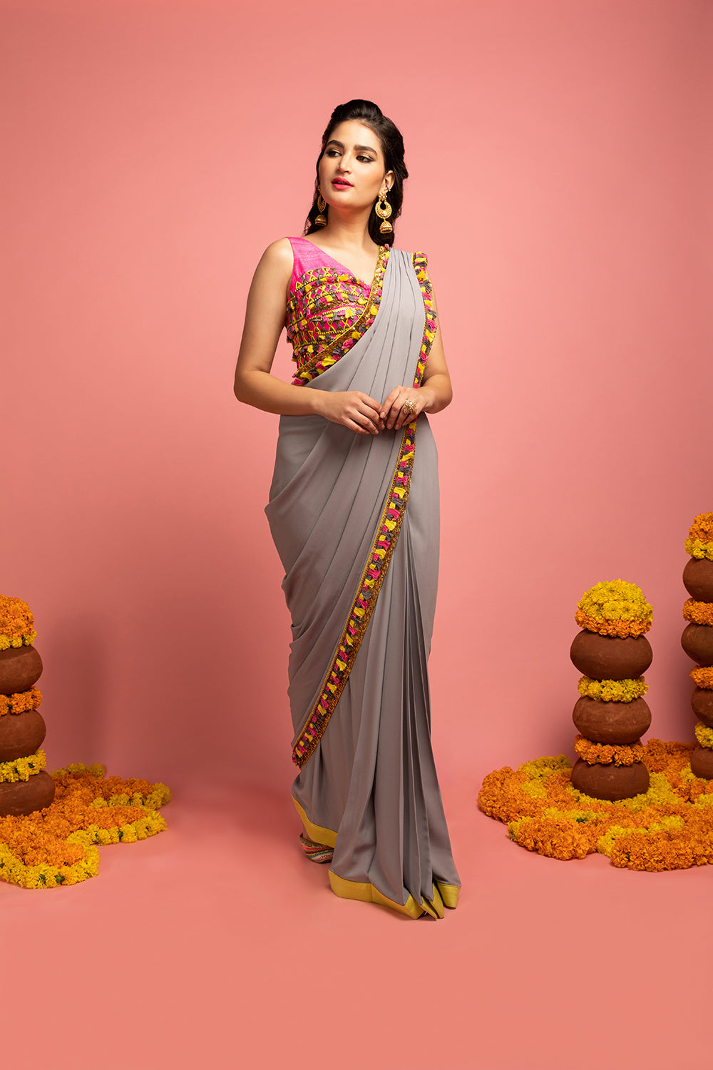 Pre-Stitched Saree Drape With Bustier Cut Blouse - Auraya Fashion - Nitara Dhanraj - #tag1# - #tag2# - #tag3# - #tag3#