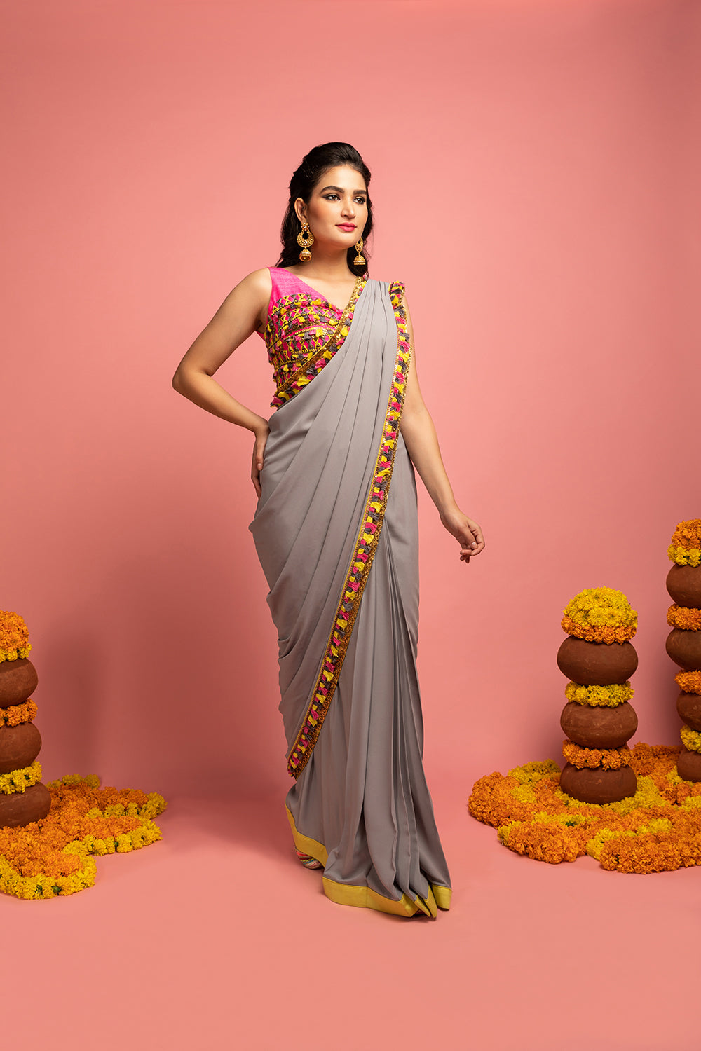 Pre-Stitched Saree Drape With Bustier Cut Blouse - Auraya Fashion -  - #tag1# - #tag2# - #tag3# - #tag3#