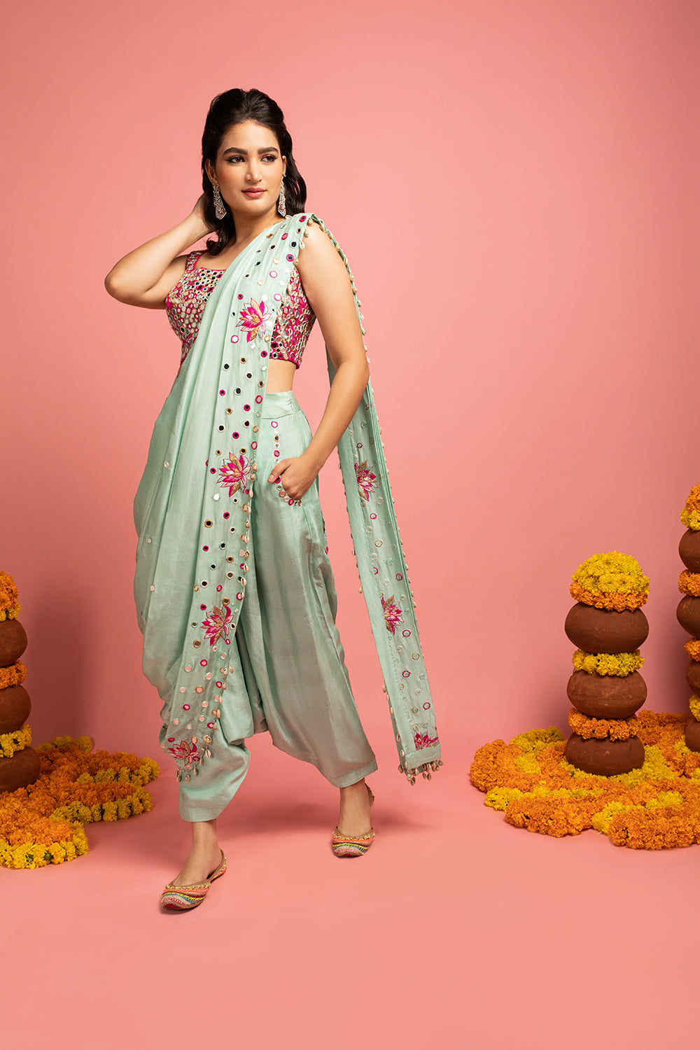 Dupion Silk Saree Drape, With Low-Crotch Pants And Blouse - Auraya Fashion - Nitara Dhanraj - #tag1# - #tag2# - #tag3# - #tag3#