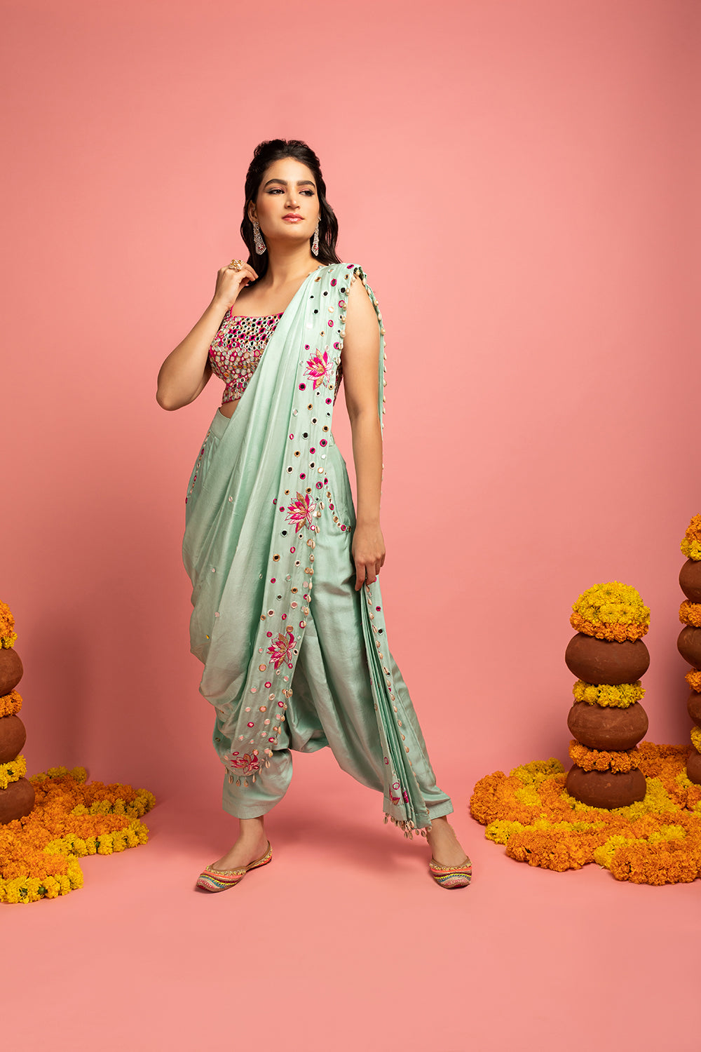 Dupion Silk Saree Drape, With Low-Crotch Pants And Blouse - Auraya Fashion -  - #tag1# - #tag2# - #tag3# - #tag3#