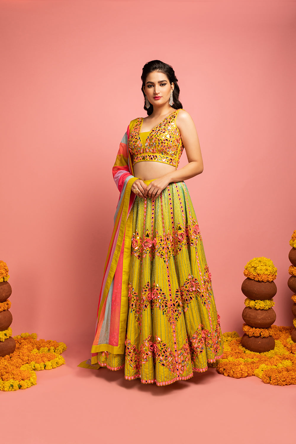 Bridal Lehenga With Blouse And Colourful Net Dupatta - Auraya Fashion -  - #tag1# - #tag2# - #tag3# - #tag3#