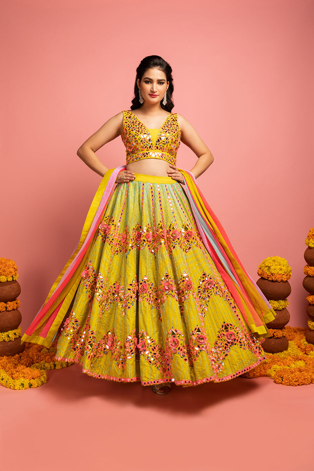 Bridal Lehenga With Blouse And Colourful Net Dupatta - Auraya Fashion -  - #tag1# - #tag2# - #tag3# - #tag3#