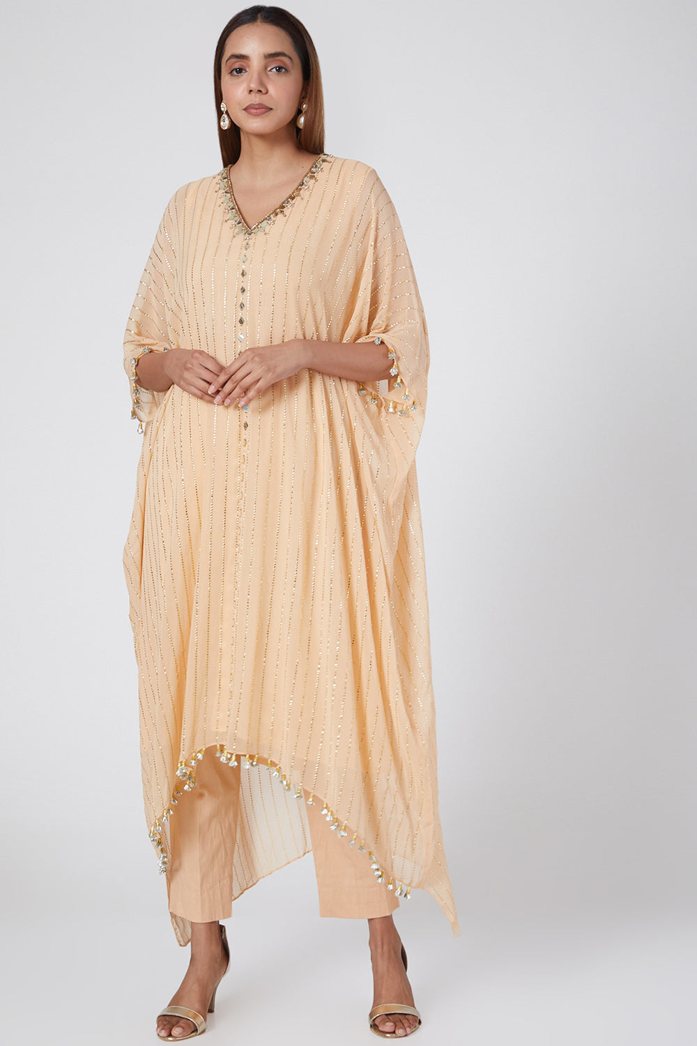 Embroidered Peach Kaftan With Pants - Auraya Fashion - Nidhika Shekhar - #tag1# - #tag2# - #tag3# - #tag3#