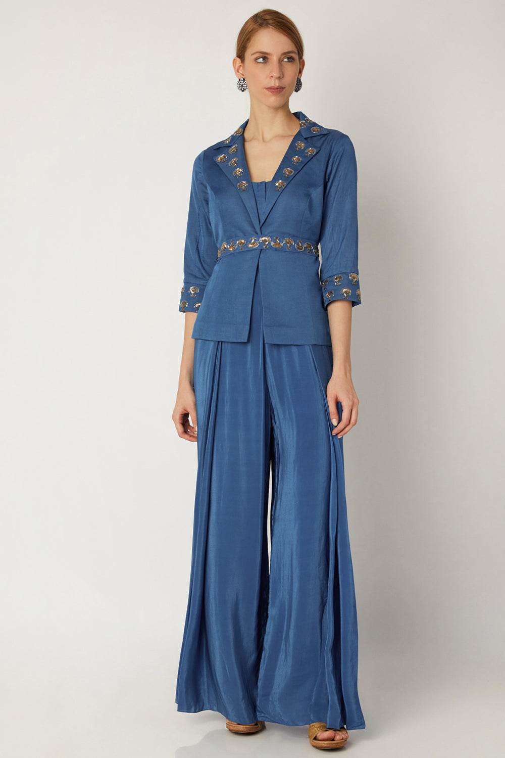 Embroidered Indigo Blue Jumpsuit With Attached Jacket & Belt - Auraya Fashion - Nidhika Shekhar - #tag1# - #tag2# - #tag3# - #tag3#