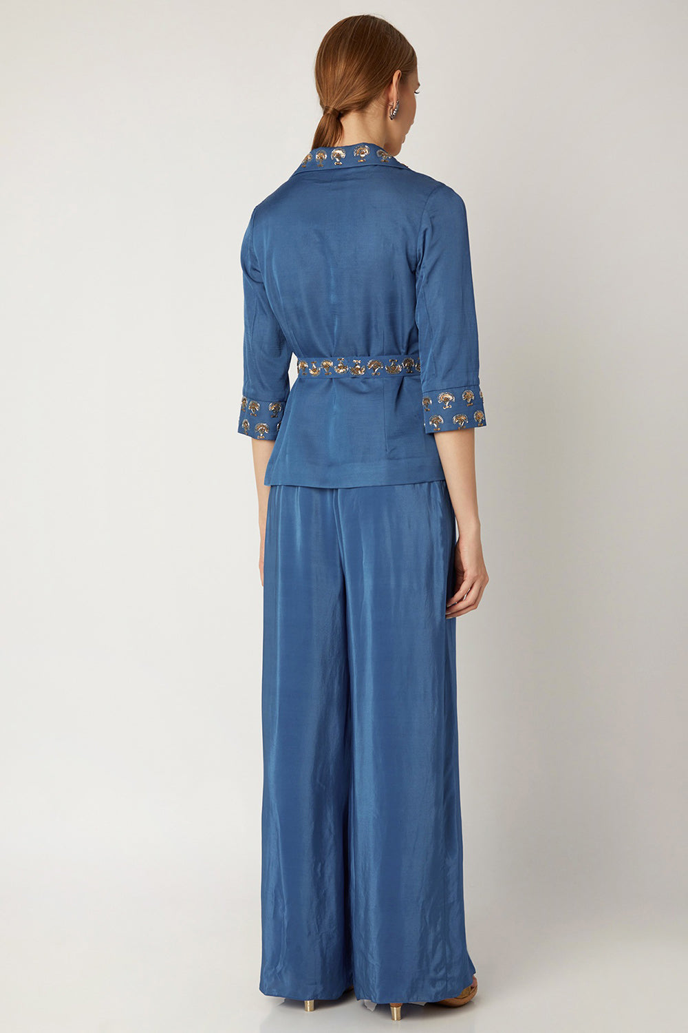 Embroidered Indigo Blue Jumpsuit With Attached Jacket & Belt - Auraya Fashion -  - #tag1# - #tag2# - #tag3# - #tag3#