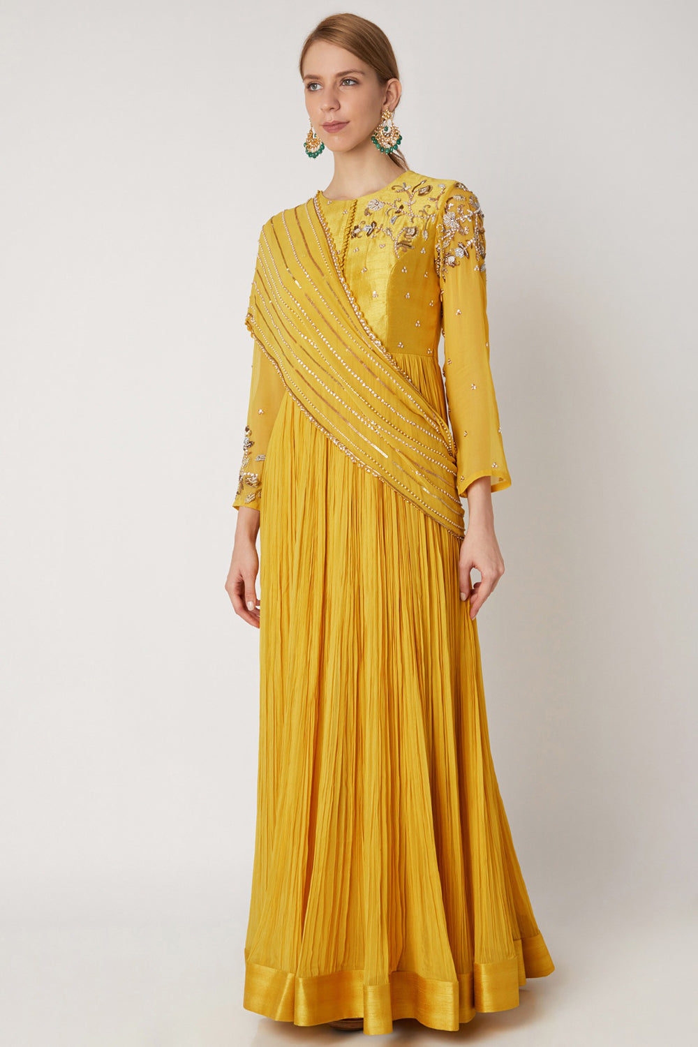 Embroidered Yellow Anarkali With Drape - Auraya Fashion - Nidhika Shekhar - #tag1# - #tag2# - #tag3# - #tag3#