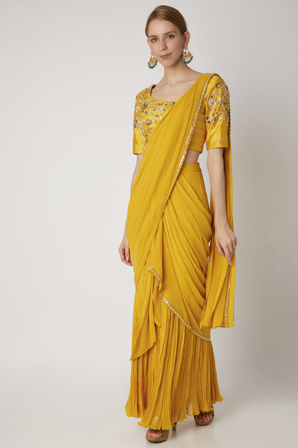 Embroidered Yellow Pre-Stitched Saree Set - Auraya Fashion - Nidhika Shekhar - #tag1# - #tag2# - #tag3# - #tag3#