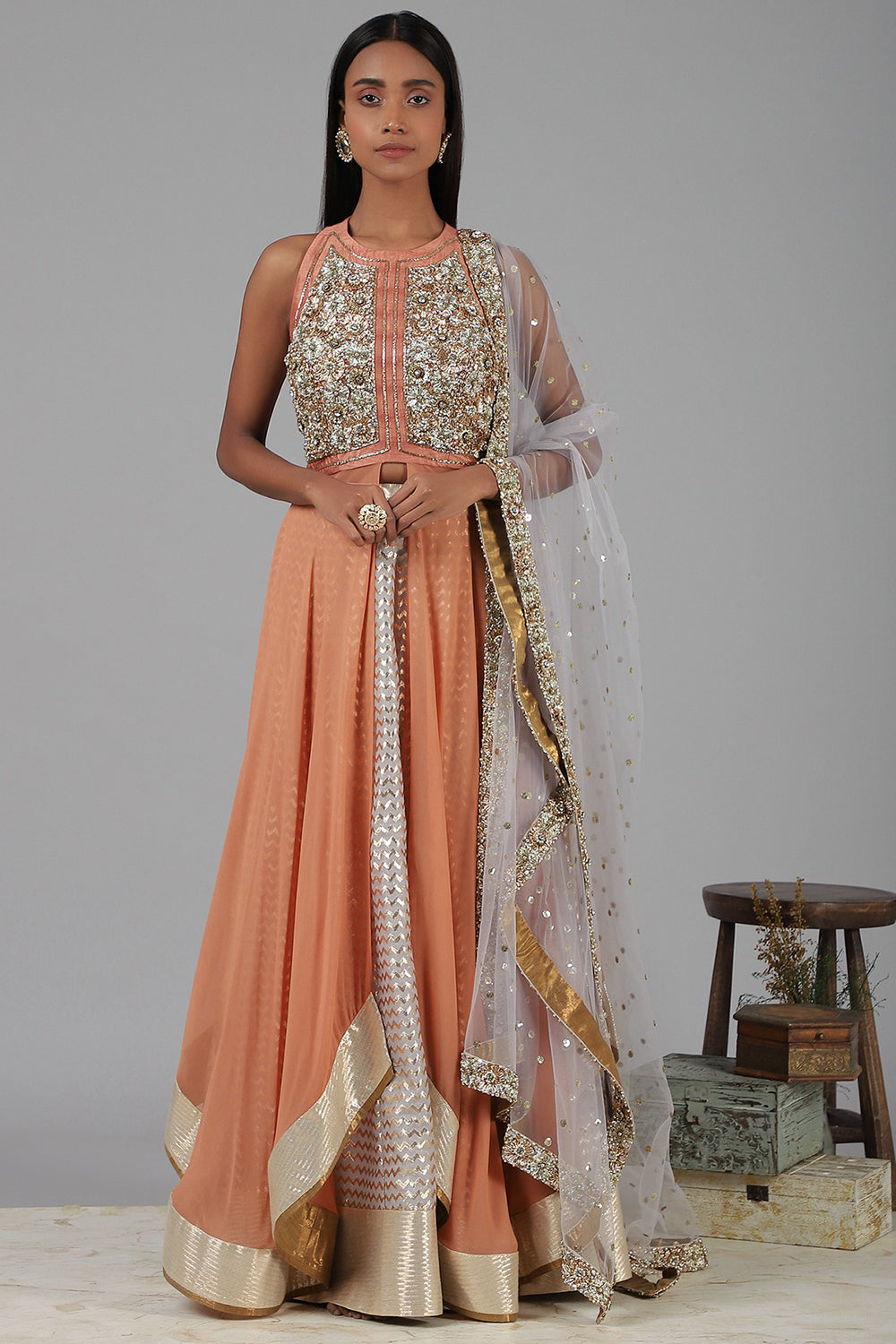 Embroidered Coral Lehenga Set - Auraya Fashion - Nidhika Shekhar - #tag1# - #tag2# - #tag3# - #tag3#