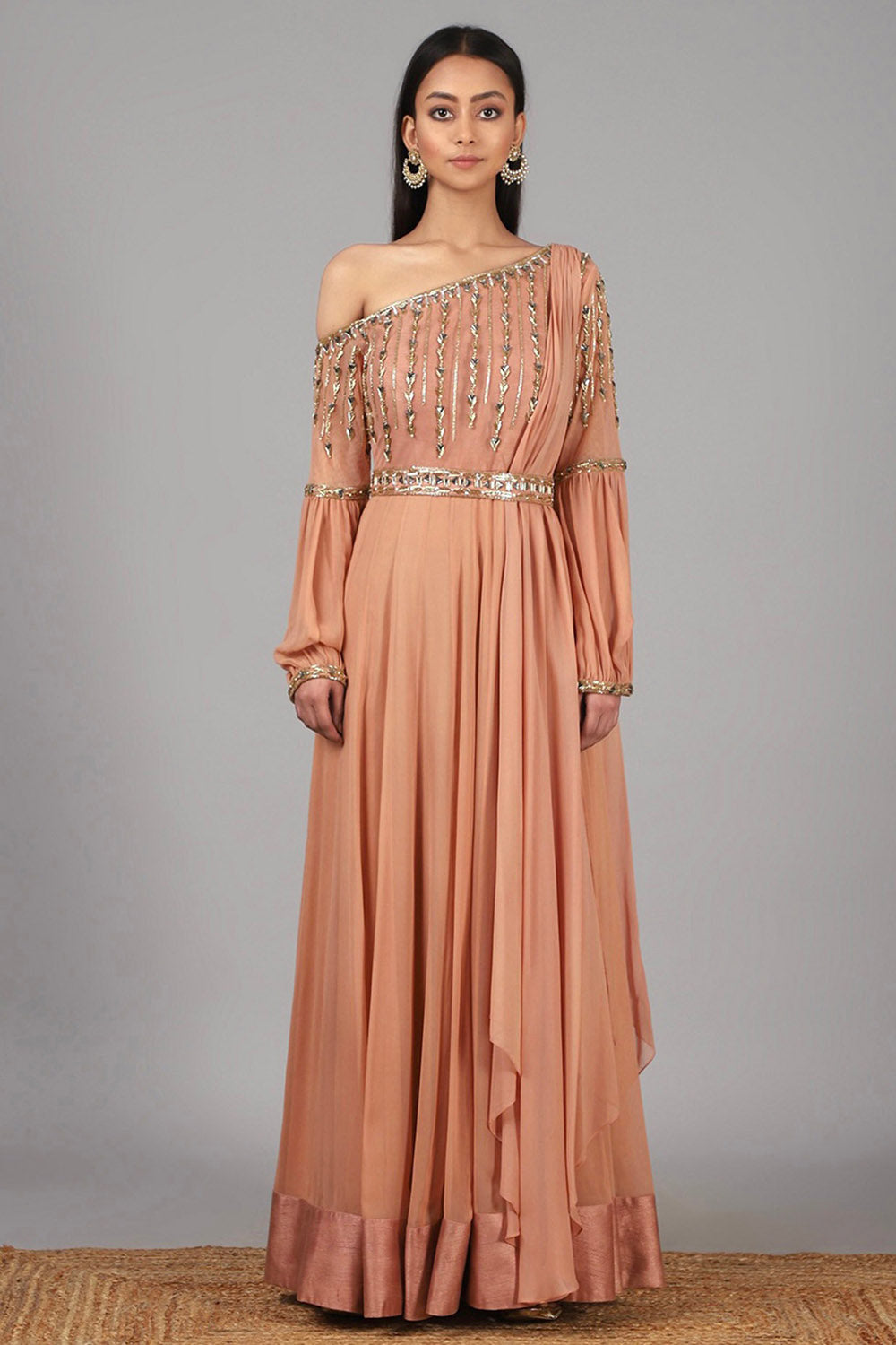 Embroidered Peach Anarkali With Belt - Auraya Fashion - Nidhika Shekhar - #tag1# - #tag2# - #tag3# - #tag3#