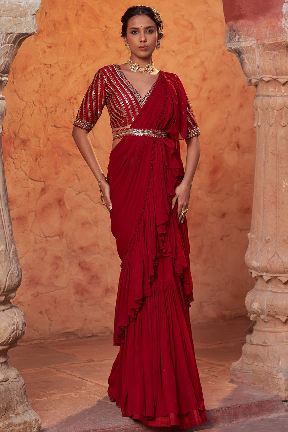 Georgette Red Draped Saree Set - Auraya Fashion - Nidhika Shekhar - #tag1# - #tag2# - #tag3# - #tag3#