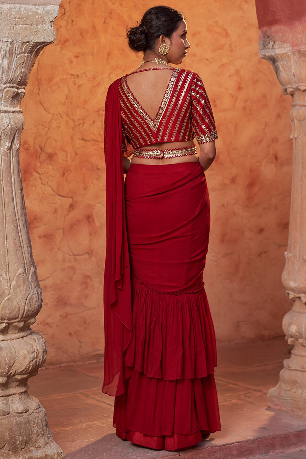 Georgette Red Draped Saree Set - Auraya Fashion -  - #tag1# - #tag2# - #tag3# - #tag3#