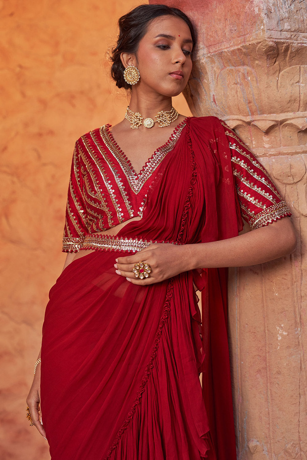 Georgette Red Draped Saree Set - Auraya Fashion -  - #tag1# - #tag2# - #tag3# - #tag3#