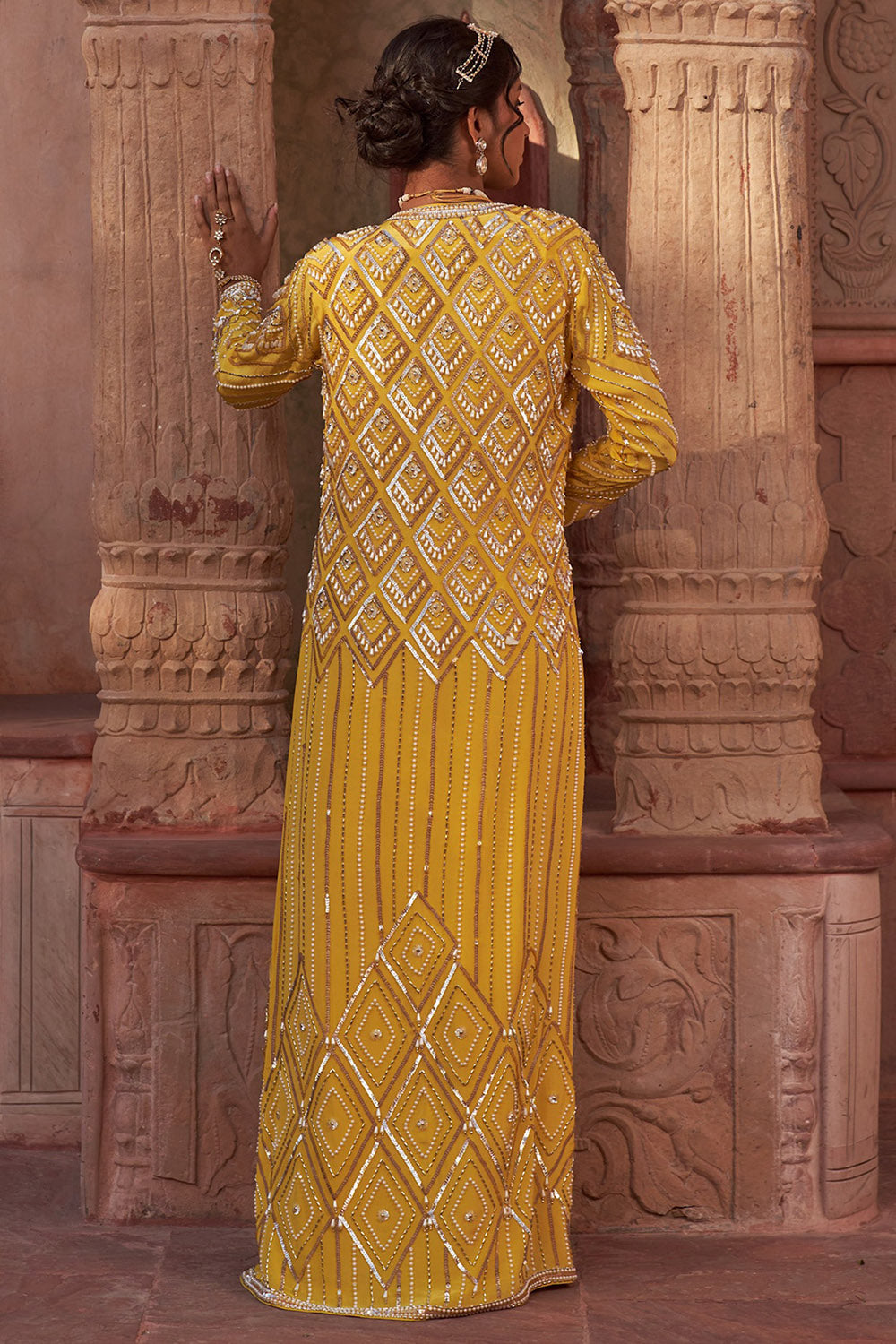 Crepe & Georgette Yellow Embroidered Jacket Saree Set - Auraya Fashion -  - #tag1# - #tag2# - #tag3# - #tag3#