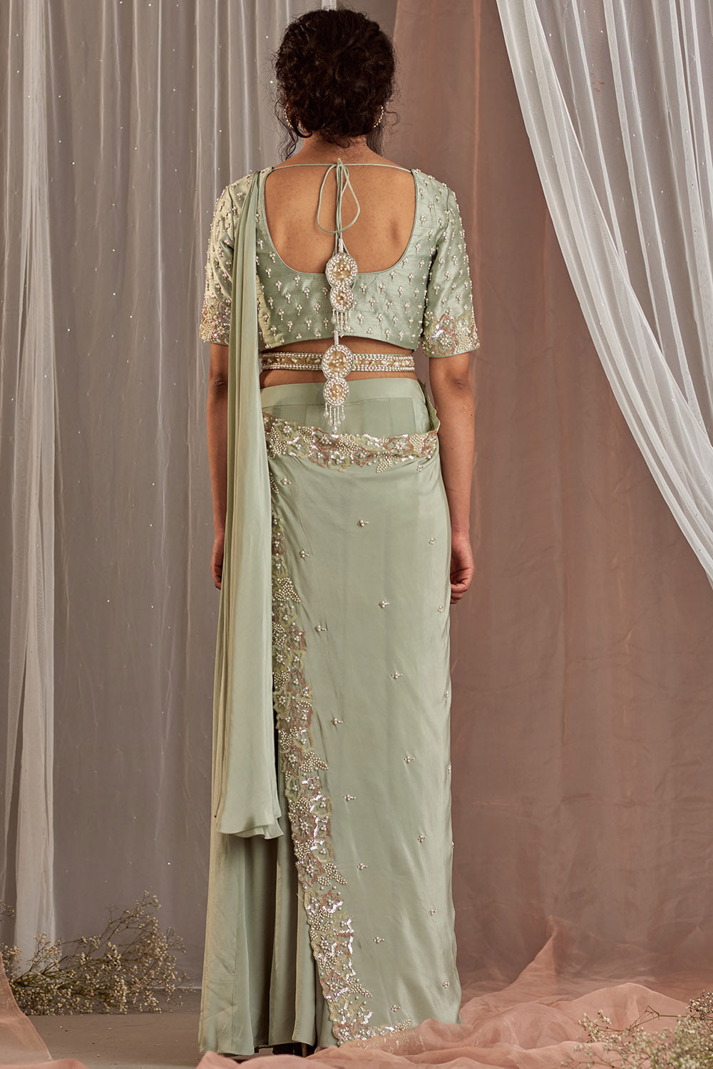 Hand Embroidered Pastel Green Draped Saree Set - Auraya Fashion -  - #tag1# - #tag2# - #tag3# - #tag3#