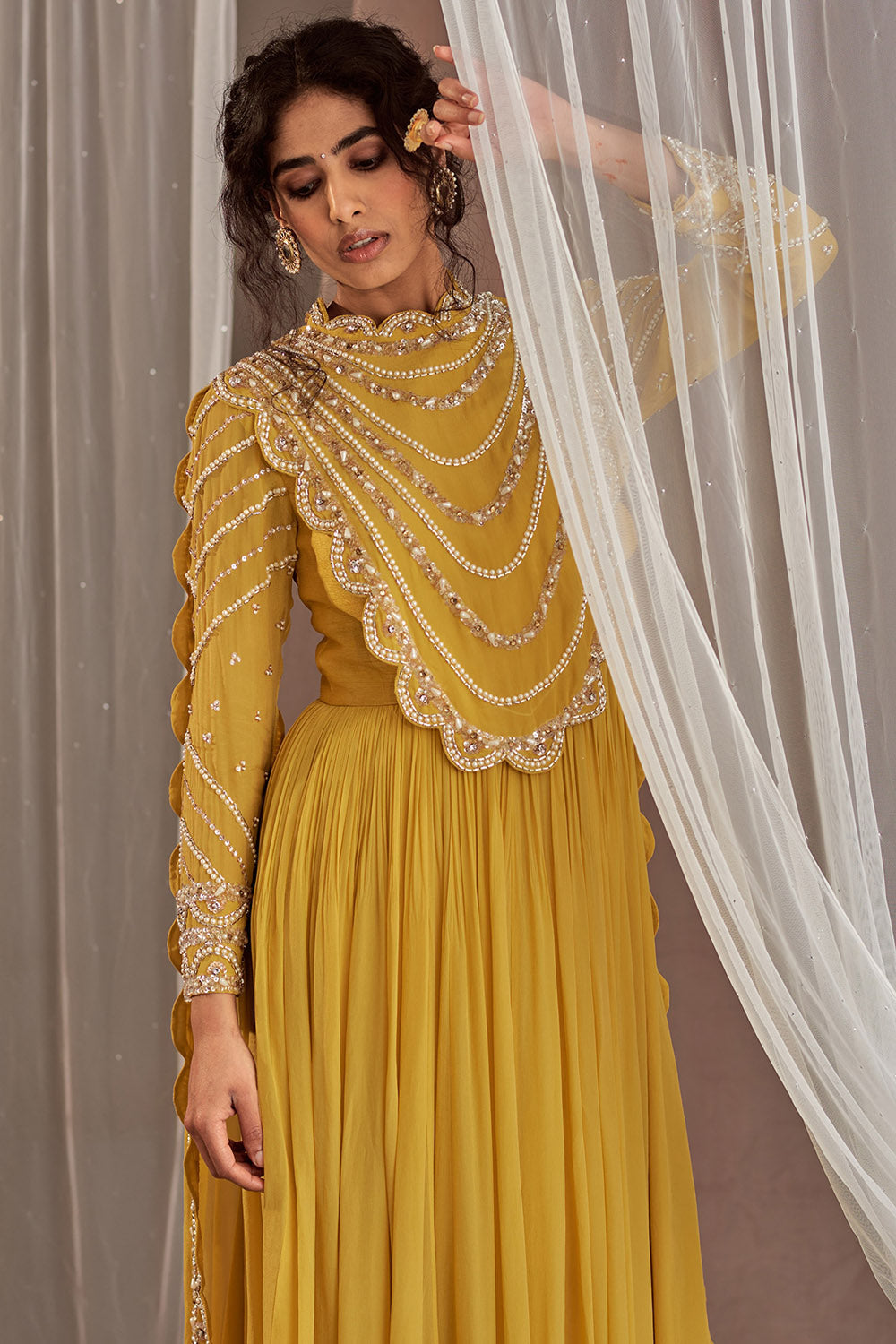 Hand Embroidered Yellow Anarkali - Auraya Fashion -  - #tag1# - #tag2# - #tag3# - #tag3#