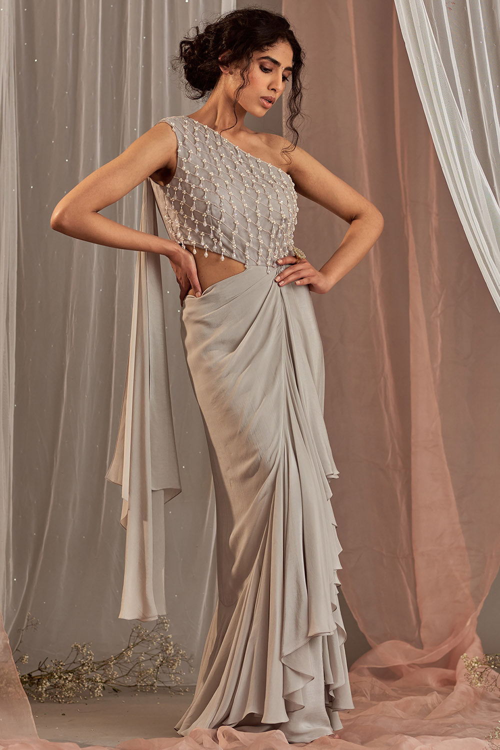 Hand Embroidered Grey Draped Gown - Auraya Fashion - Nidhika Shekhar - #tag1# - #tag2# - #tag3# - #tag3#