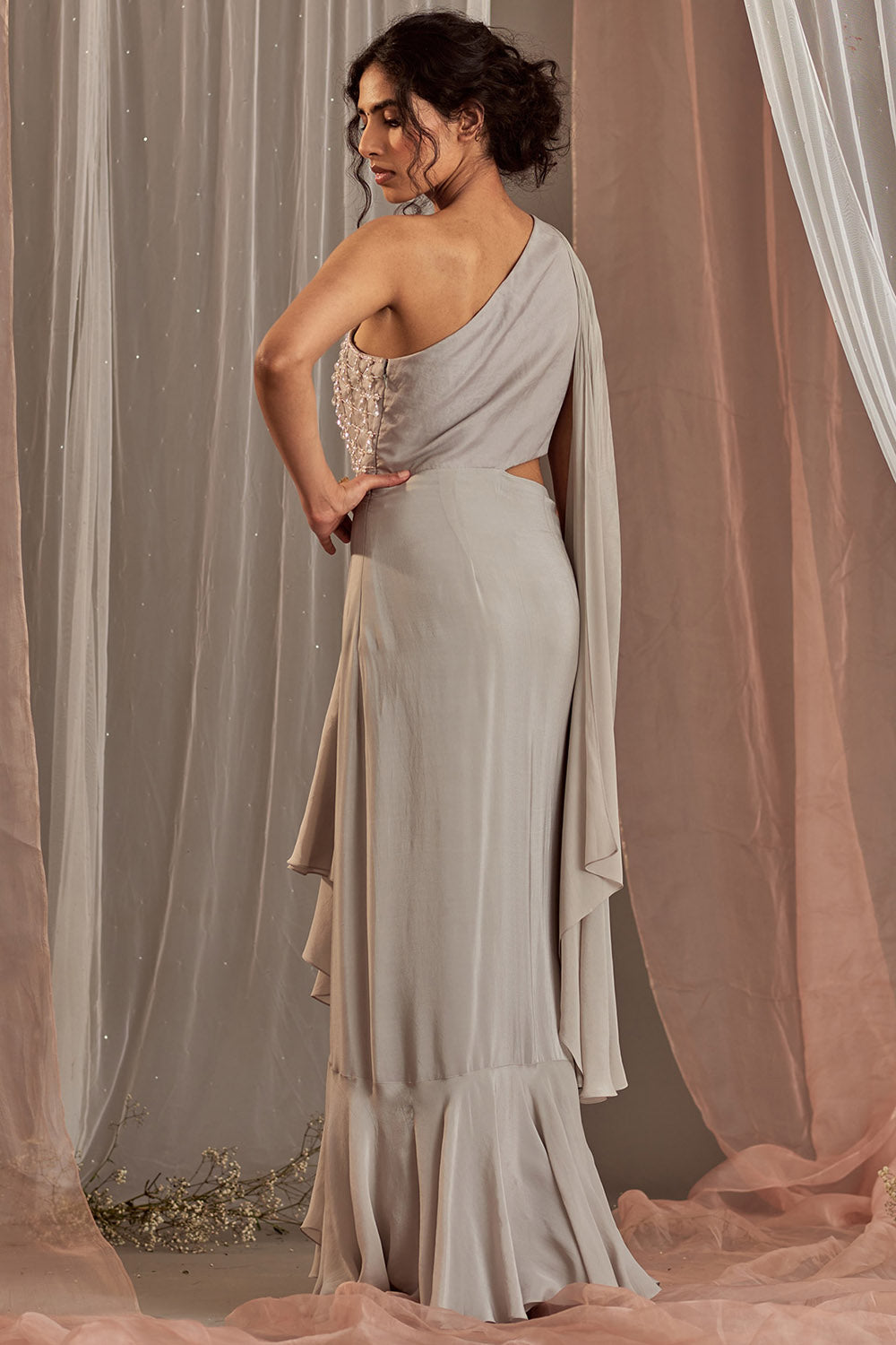 Hand Embroidered Grey Draped Gown - Auraya Fashion -  - #tag1# - #tag2# - #tag3# - #tag3#