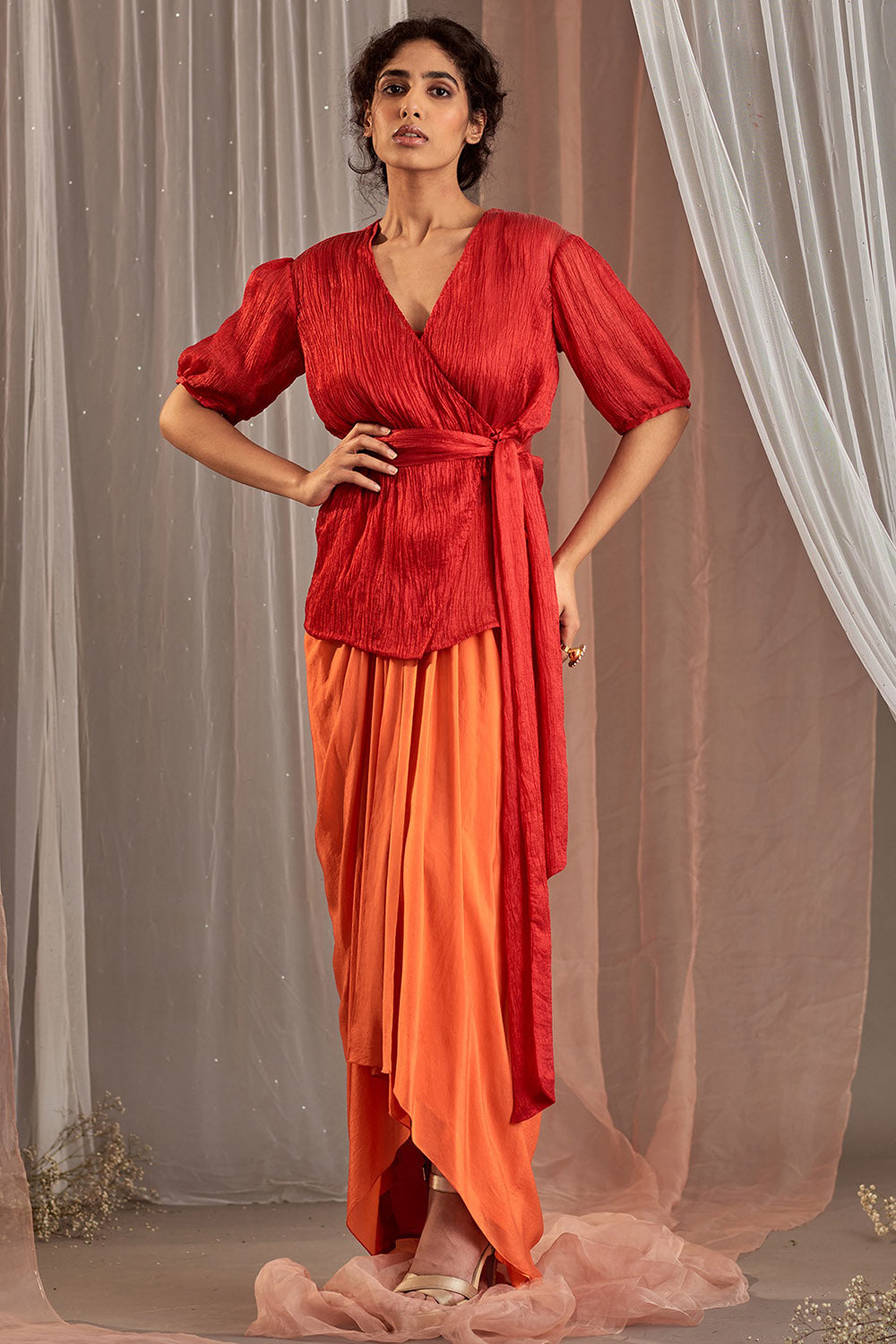 Draped Orange Skirt Set - Auraya Fashion - Nidhika Shekhar - #tag1# - #tag2# - #tag3# - #tag3#