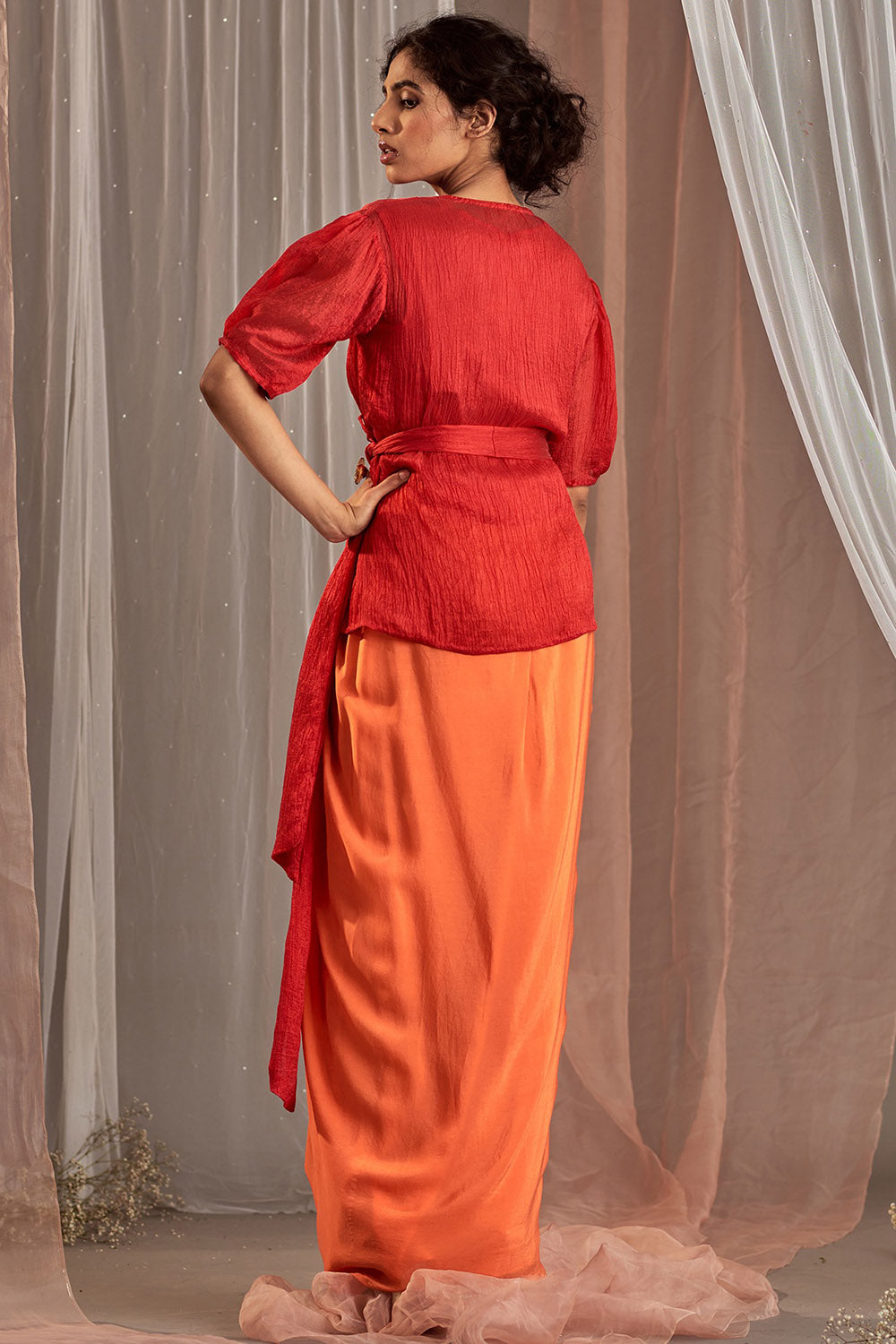 Draped Orange Skirt Set - Auraya Fashion -  - #tag1# - #tag2# - #tag3# - #tag3#