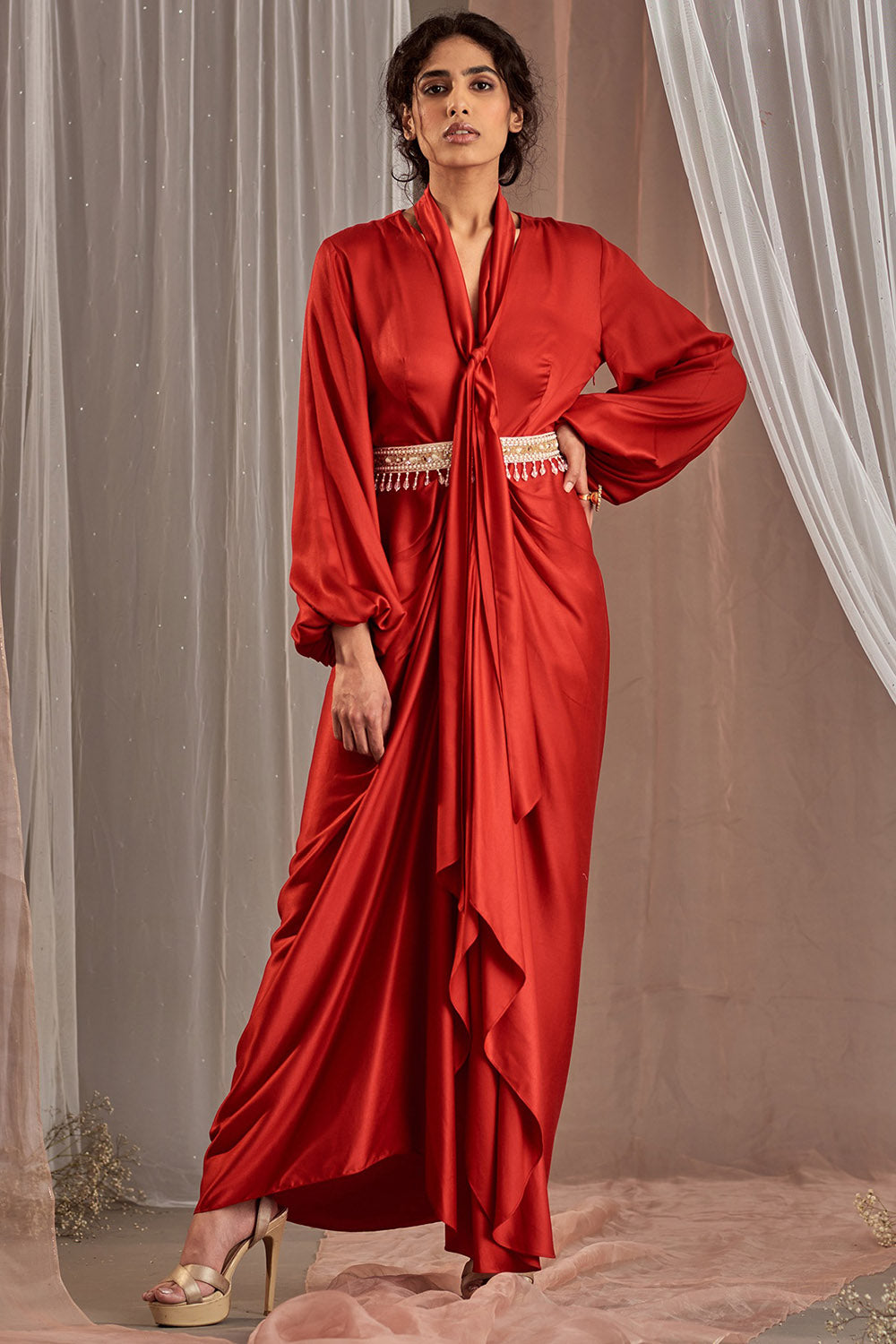 Modal Satin Red Hand Draped Dress - Auraya Fashion - Nidhika Shekhar - #tag1# - #tag2# - #tag3# - #tag3#