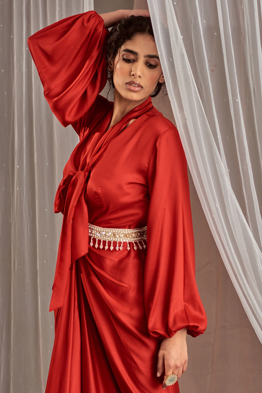 Modal Satin Red Hand Draped Dress - Auraya Fashion -  - #tag1# - #tag2# - #tag3# - #tag3#