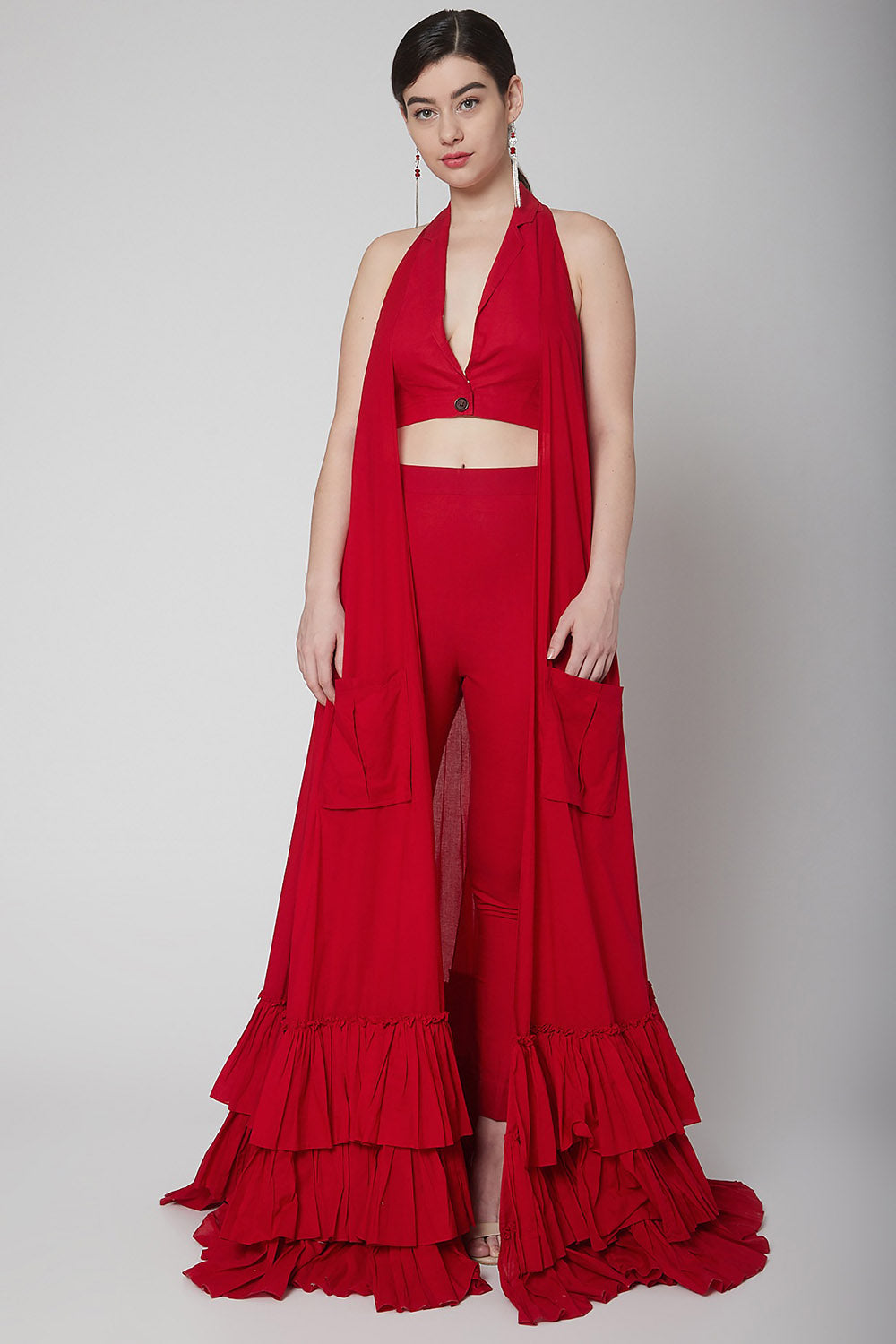 Frill Red Cape & Crop Top With Pants - Auraya Fashion - Nidhika Shekhar - #tag1# - #tag2# - #tag3# - #tag3#