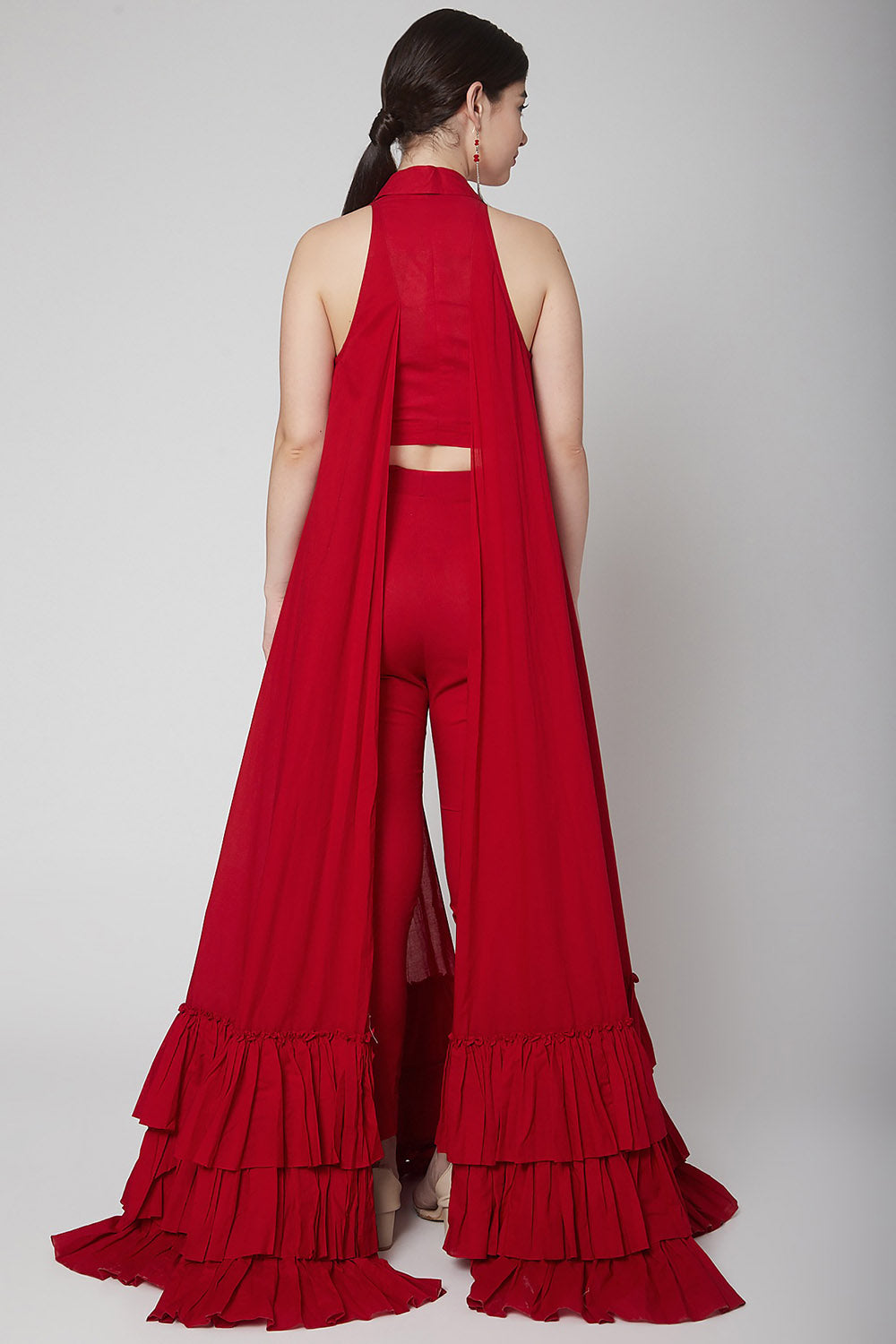 Frill Red Cape & Crop Top With Pants - Auraya Fashion -  - #tag1# - #tag2# - #tag3# - #tag3#