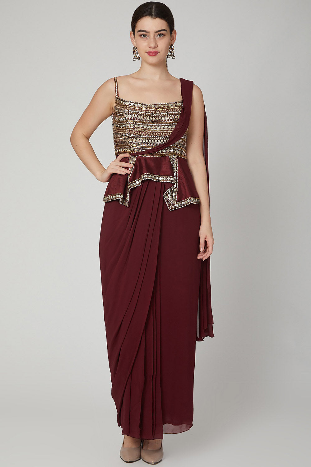 Embroidered Maroon Saree Gown - Auraya Fashion - Nidhika Shekhar - #tag1# - #tag2# - #tag3# - #tag3#