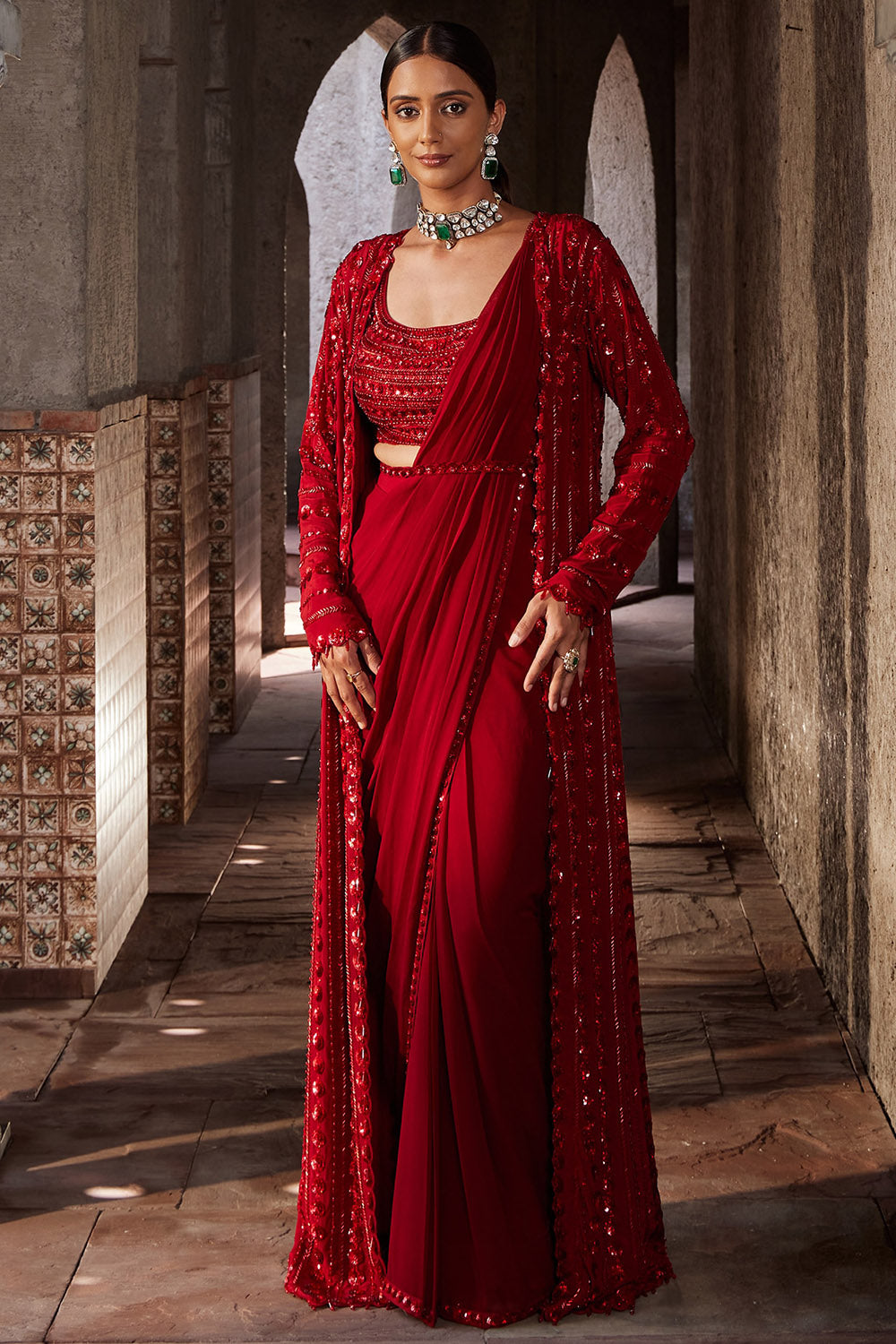 Georgette Red Draped Saree Set - Auraya Fashion - Nidhika Shekhar - #tag1# - #tag2# - #tag3# - #tag3#