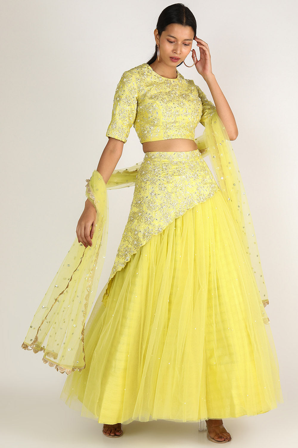 Embroidered Lime Yellow Lehenga Set - Auraya Fashion - Nidhika Shekhar - #tag1# - #tag2# - #tag3# - #tag3#