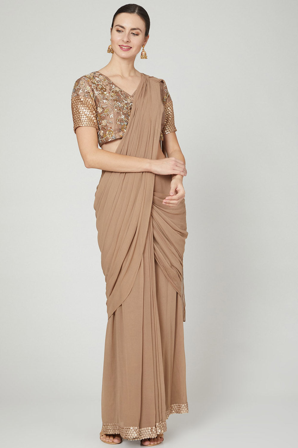 Embroidered Nude Pre-Draped Saree Set - Auraya Fashion - Nidhika Shekhar - #tag1# - #tag2# - #tag3# - #tag3#