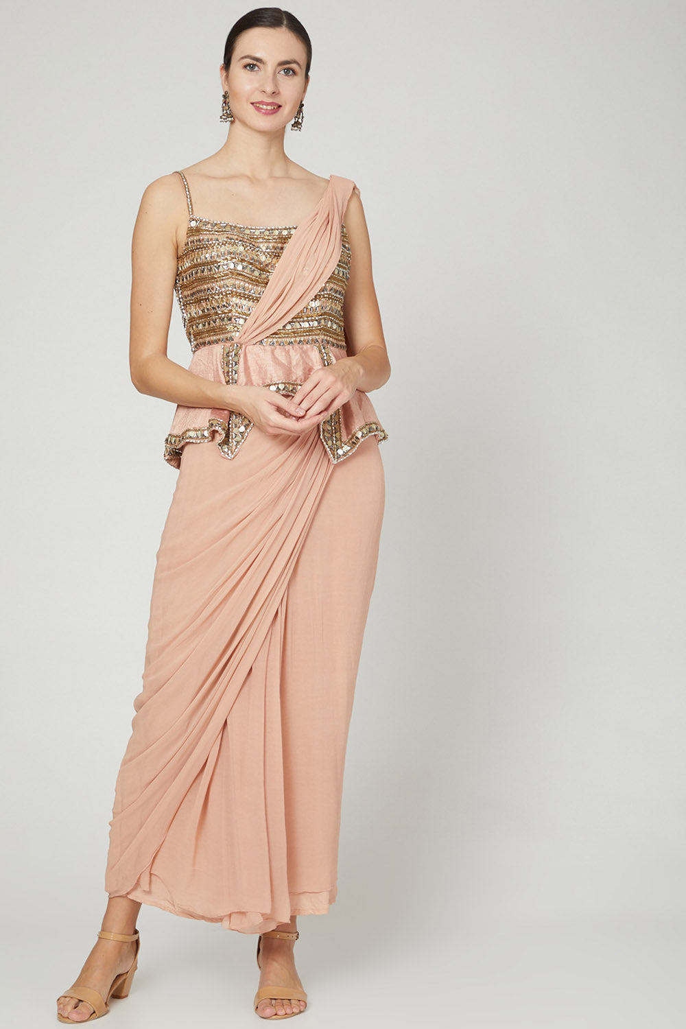 Embellished Salmon Pink Saree Gown - Auraya Fashion - Nidhika Shekhar - #tag1# - #tag2# - #tag3# - #tag3#