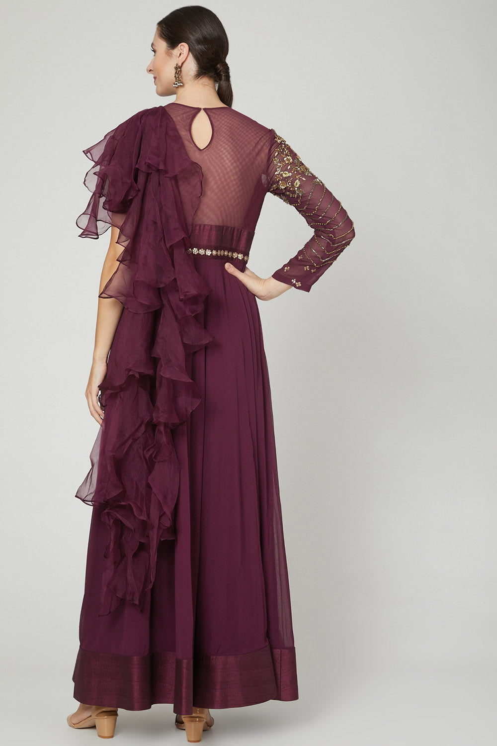 Embellished Wine Ruffled Gown - Auraya Fashion - Nidhika Shekhar - #tag1# - #tag2# - #tag3# - #tag3#