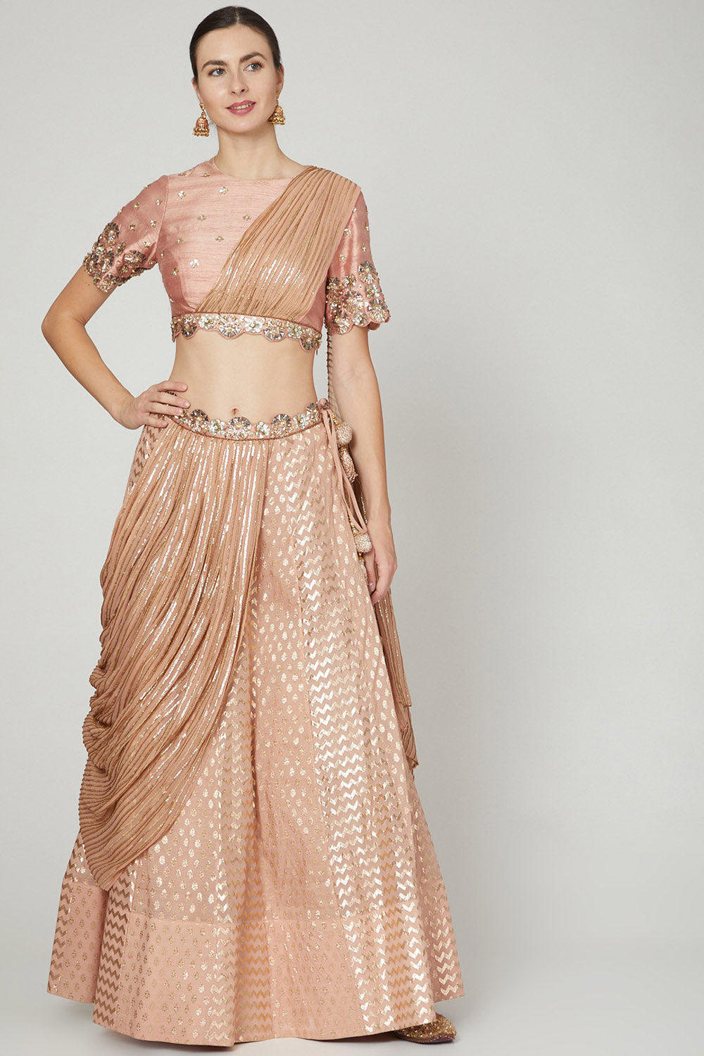 Embroidered Salmon Pink Draped Lehenga Set - Auraya Fashion - Nidhika Shekhar - #tag1# - #tag2# - #tag3# - #tag3#