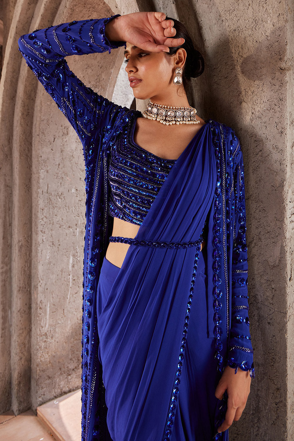 Georgette Blue Draped Jacket Saree Set - Auraya Fashion -  - #tag1# - #tag2# - #tag3# - #tag3#