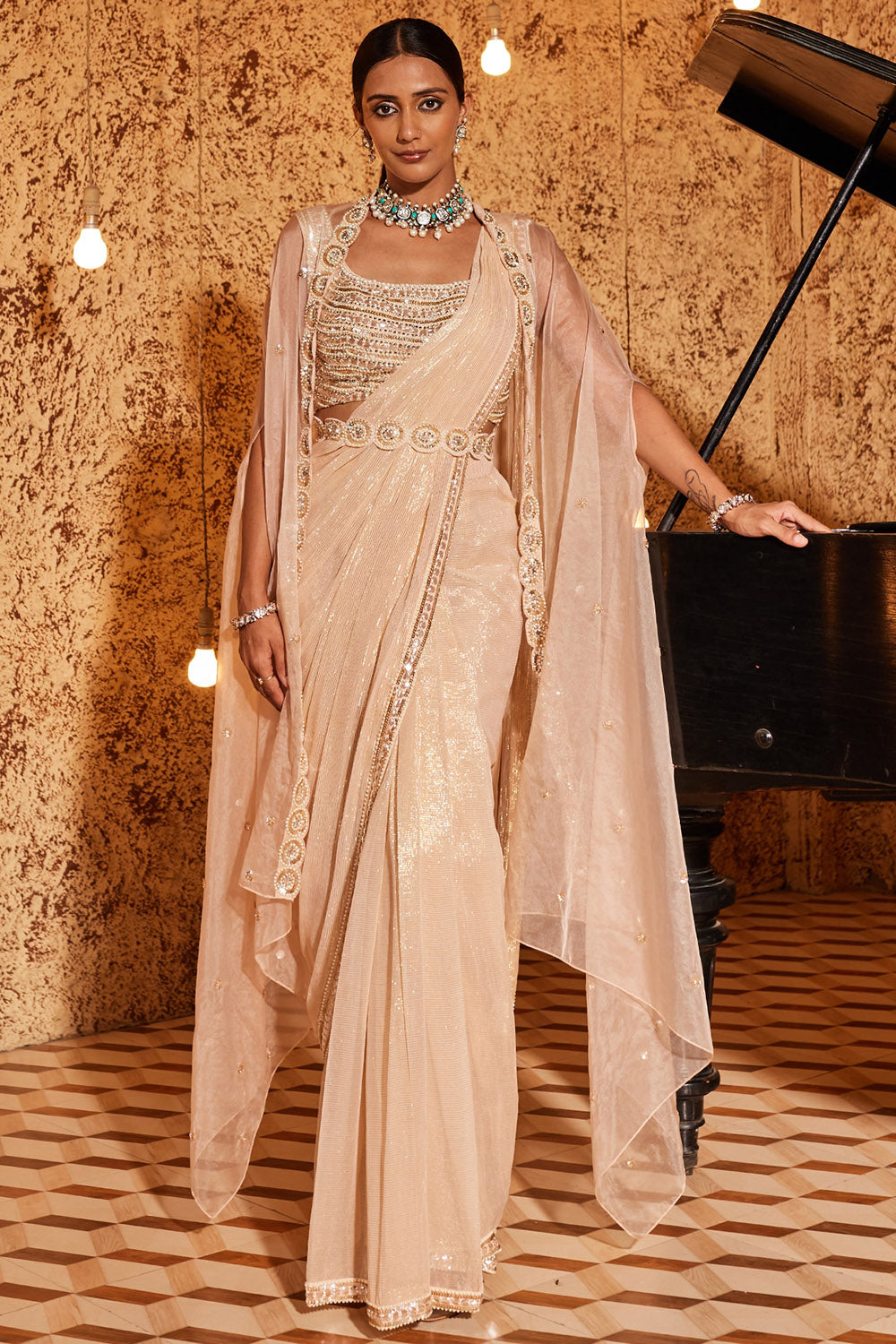 Organza & Sequins Champagne Jacket Saree Set - Auraya Fashion - Nidhika Shekhar - #tag1# - #tag2# - #tag3# - #tag3#